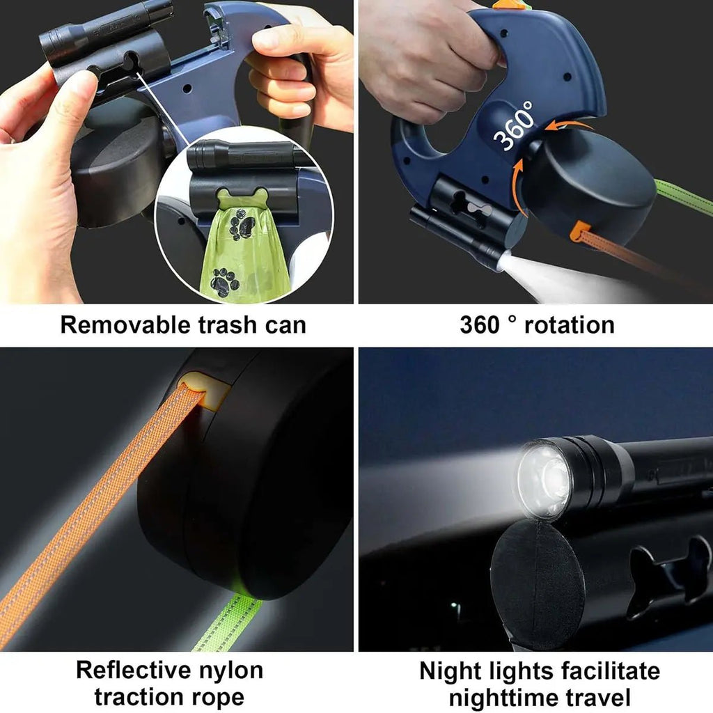 Double Dog Leash — Retractable, LED Light & Waste Bag Dispenser - Leash & Lift
