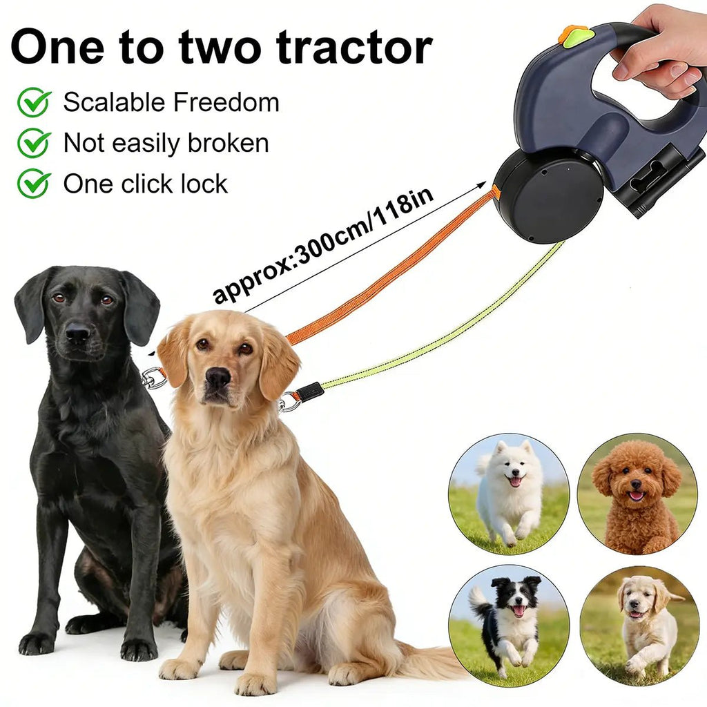 Double Dog Leash — Retractable, LED Light & Waste Bag Dispenser - Leash & Lift