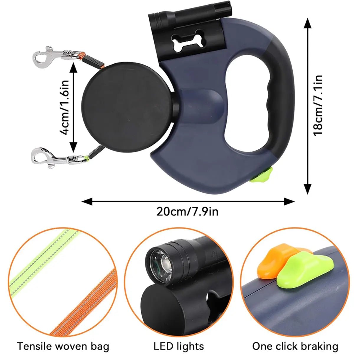 Double Dog Leash — Retractable, LED Light & Waste Bag Dispenser - Leash & Lift