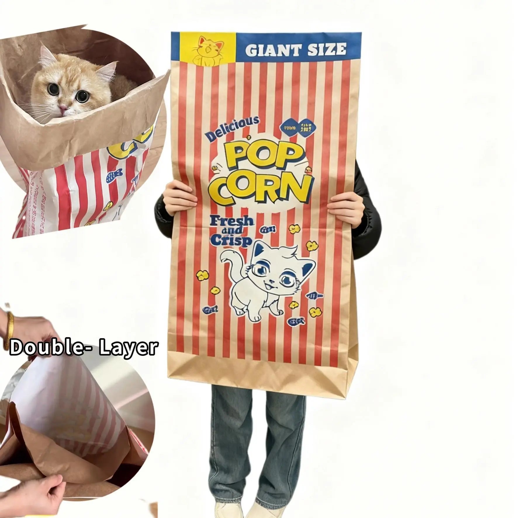 Large Kraft Paper Double - Layer Crinkle Bag Hideout for Cats - Ideal for Play and Relaxation - Leash & Lift