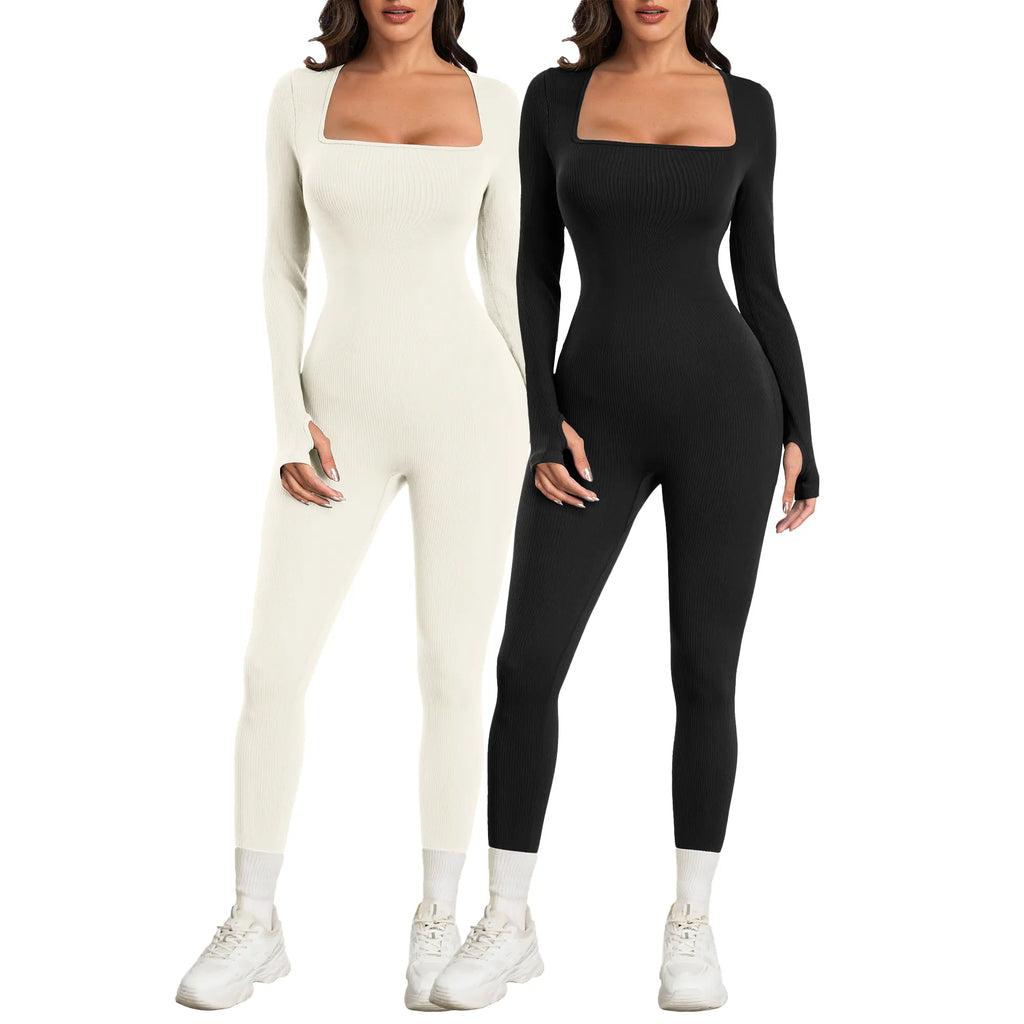 Sese Code Women's Ribbed Long Sleeve Yoga Jumpsuit for Workout - Leash & Lift