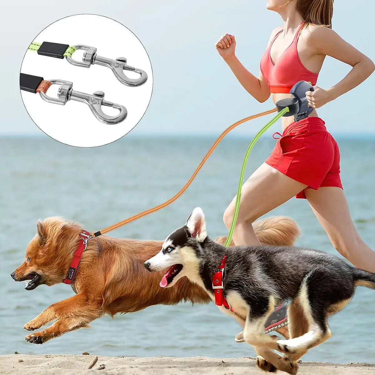 Double Dog Leash — Retractable, LED Light & Waste Bag Dispenser - Leash & Lift