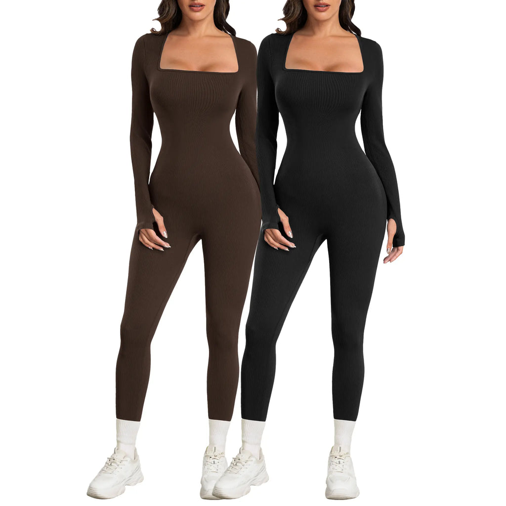 Sese Code Women's Ribbed Long Sleeve Yoga Jumpsuit for Workout - Leash & Lift