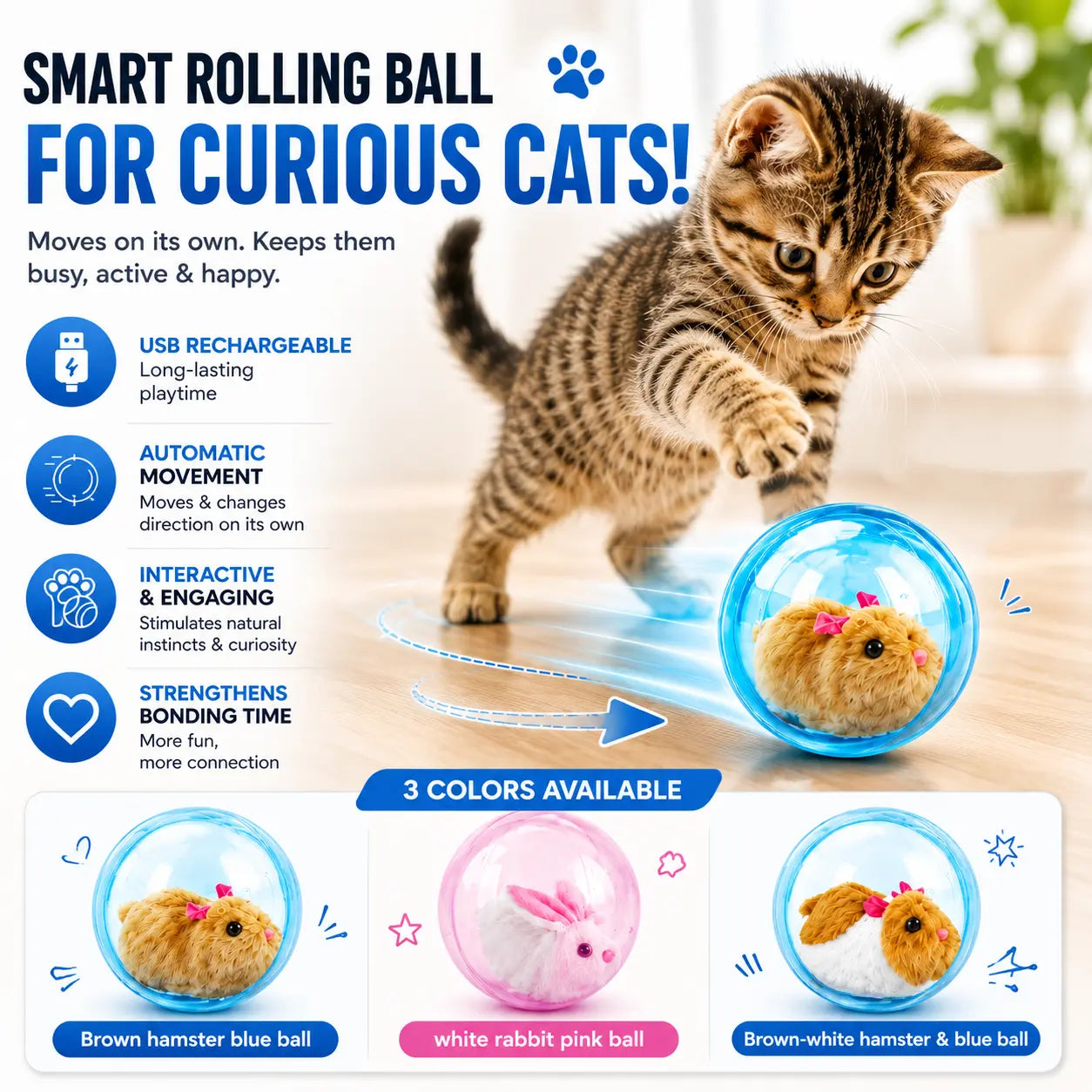 Engaging and Fun Boredom Buster Smart Cat Toy - USB Rechargeable Auto-Rolling Ball for Indoor Cats with Interactive Mouse Play