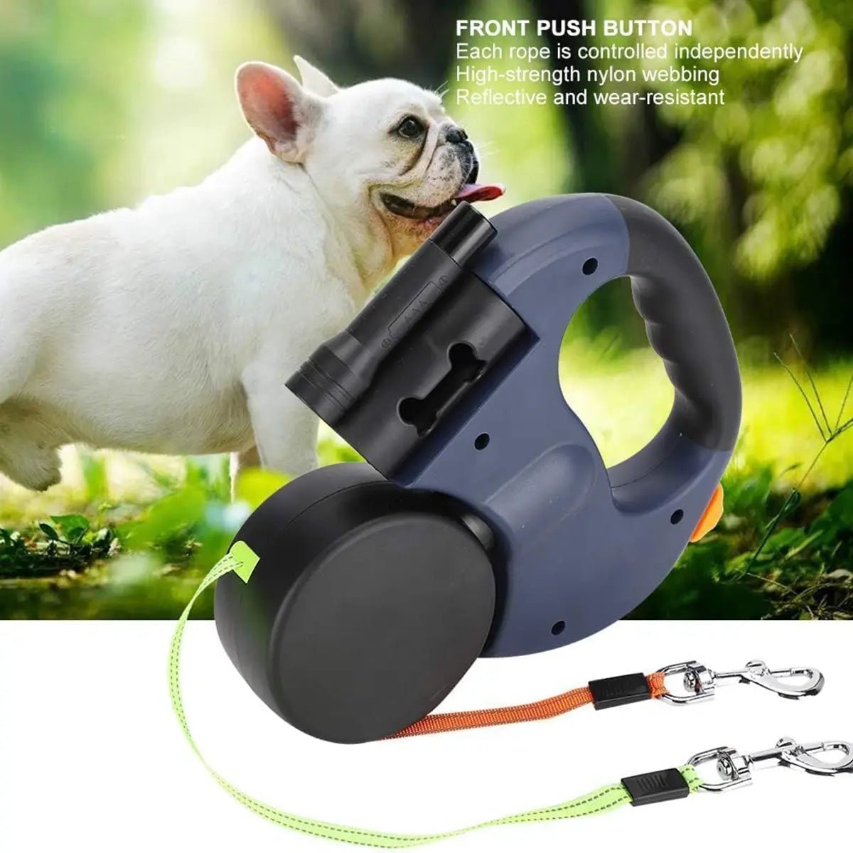 Double Dog Leash — Retractable, LED Light & Waste Bag Dispenser - Leash & Lift