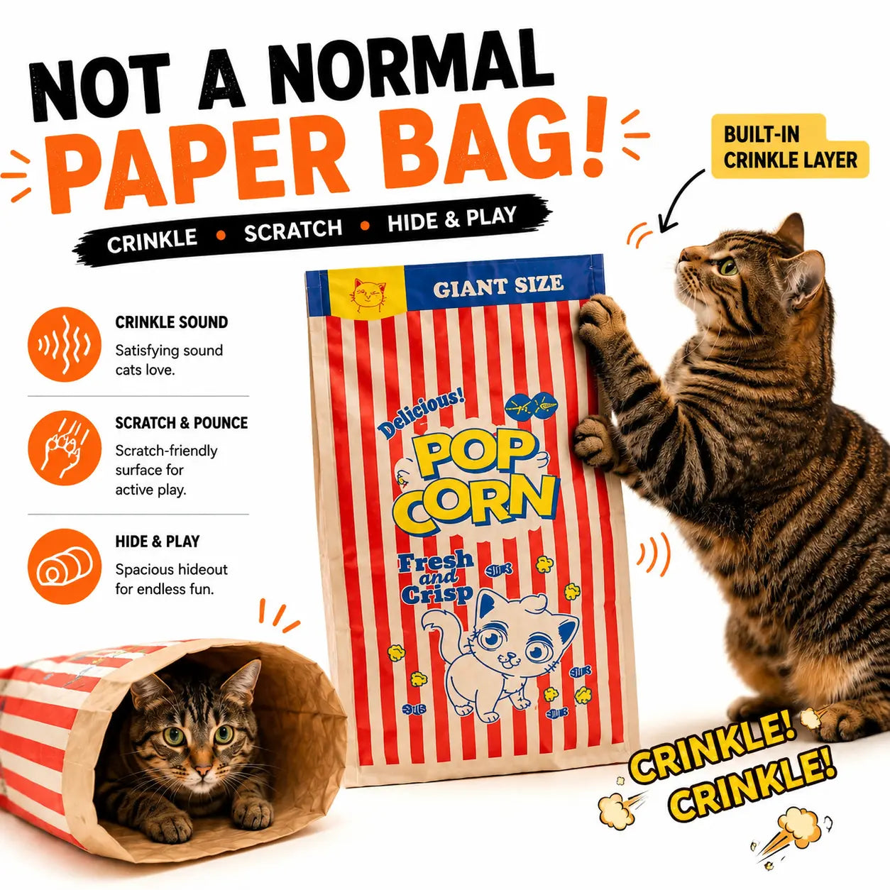 Delight Your Cat with the Adorable Large Kraft Paper Double-Layer Crinkle Bag Hideout - Perfect for Playtime and Relaxation!