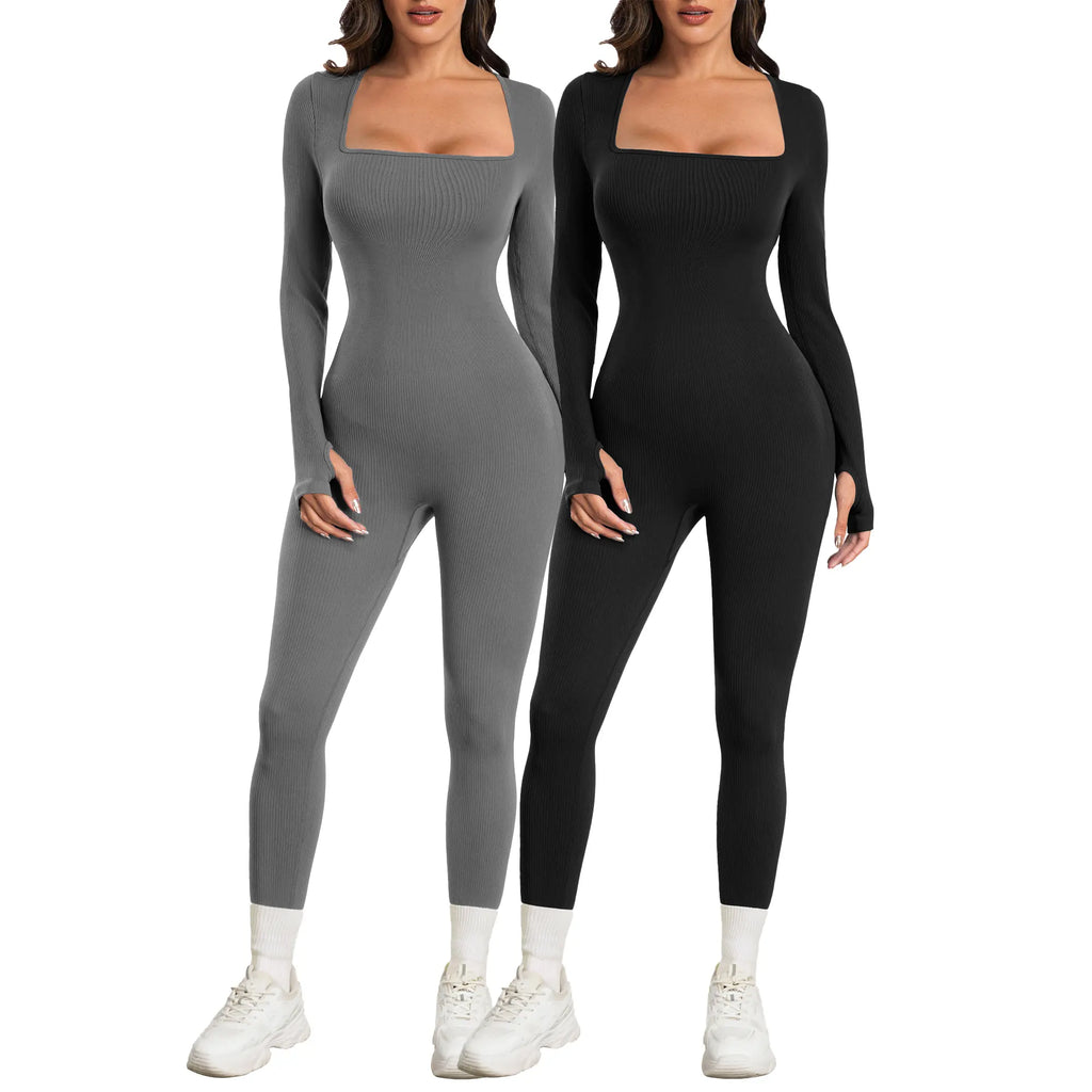 Sese Code Women's Ribbed Long Sleeve Yoga Jumpsuit for Workout - Leash & Lift