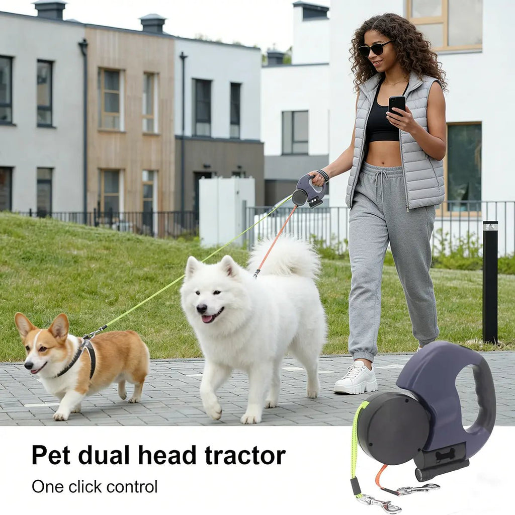Double Dog Leash — Retractable, LED Light & Waste Bag Dispenser - Leash & Lift